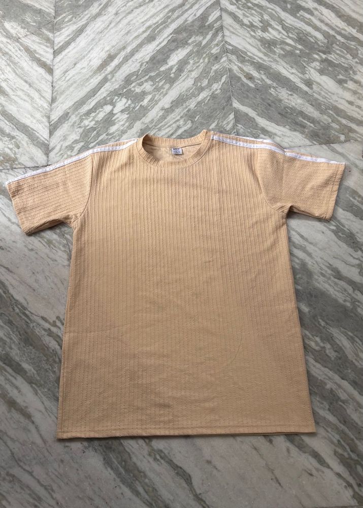 Ribbed Cream T-Shirt with Side Stripes
