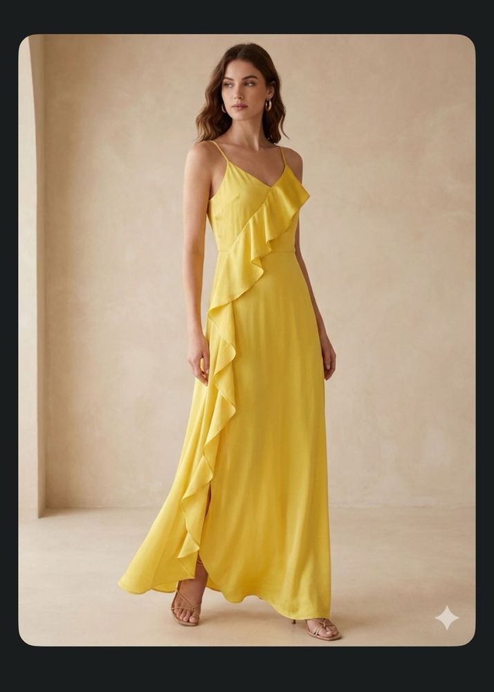 Elegant Yellow Ruffle Satin Gown