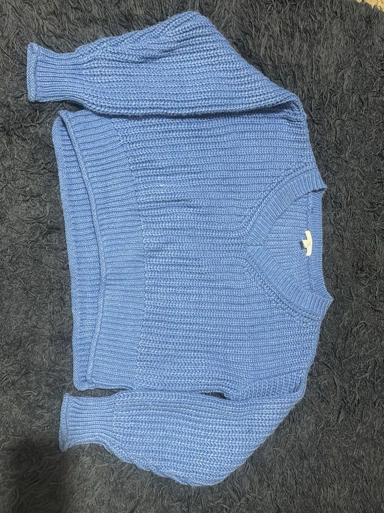Blue Knit V-Neck oversized Sweater