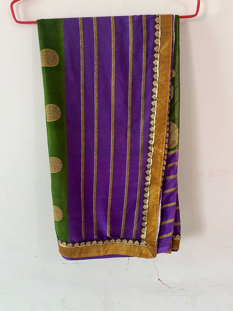 Elegant Purple &amp; Green Saree with Gold Accents