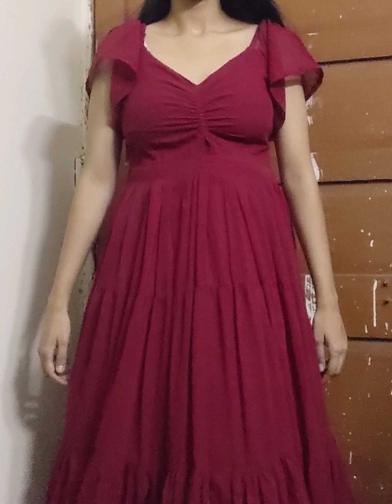 Maroon Tiered Midi Dress