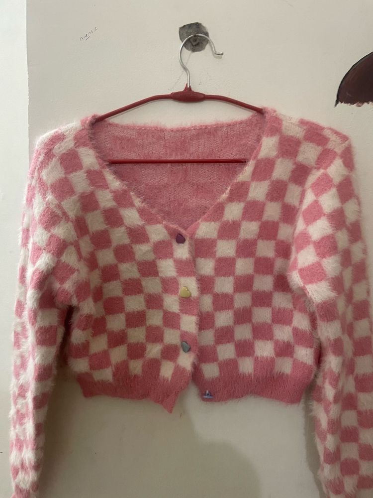 Cute Pink Checkered Fuzzy Cardigan