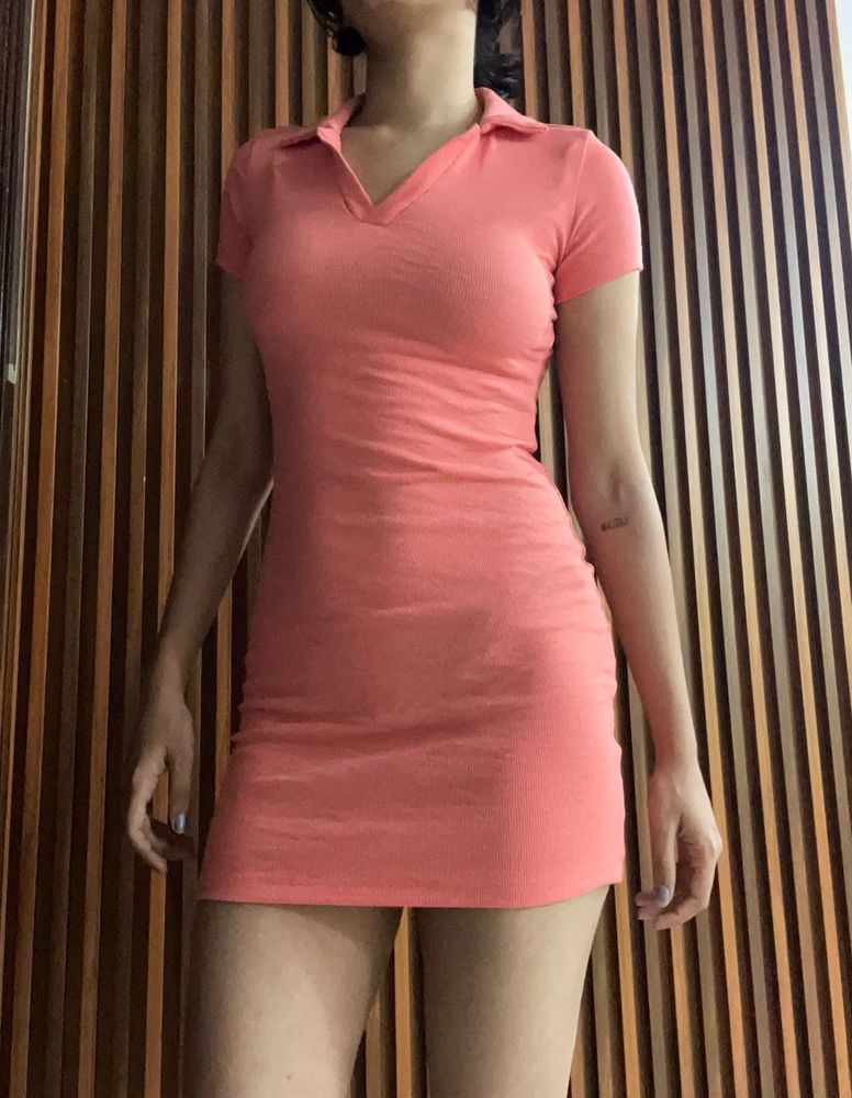 Coral Pink Polo Neck Mini Dress