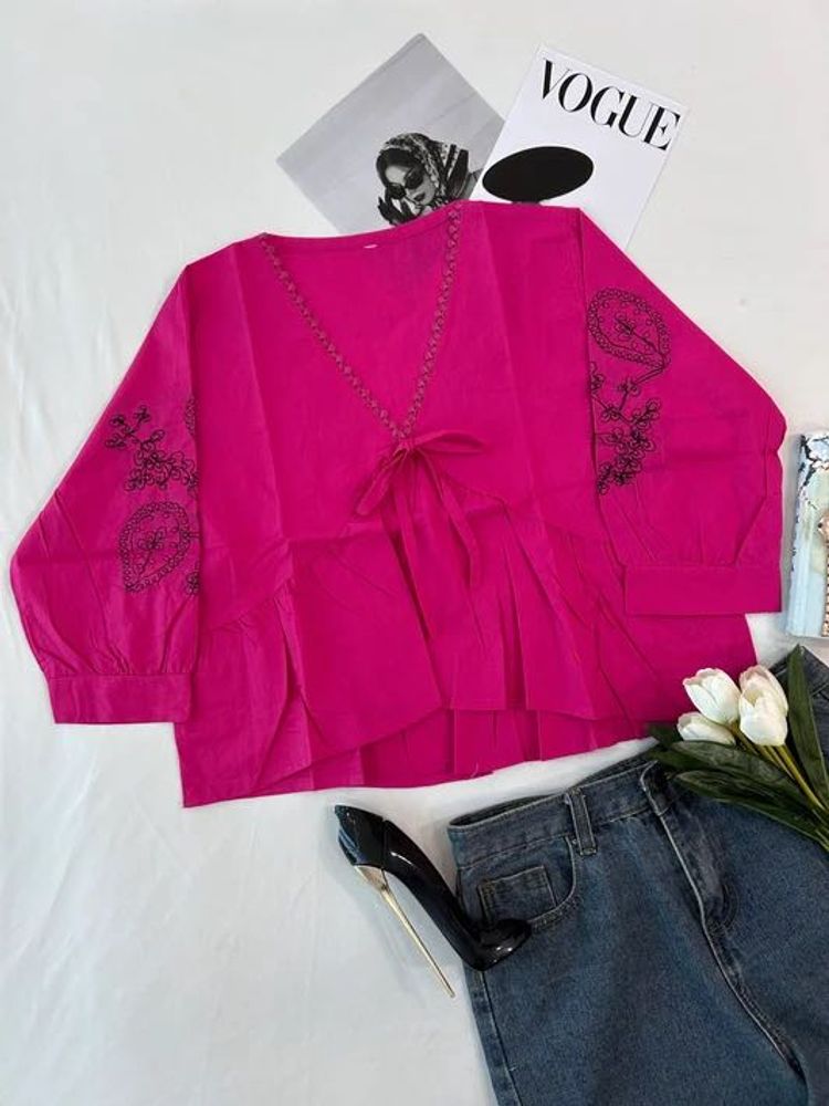 Y2K Vibrant Pink Embroidered Top