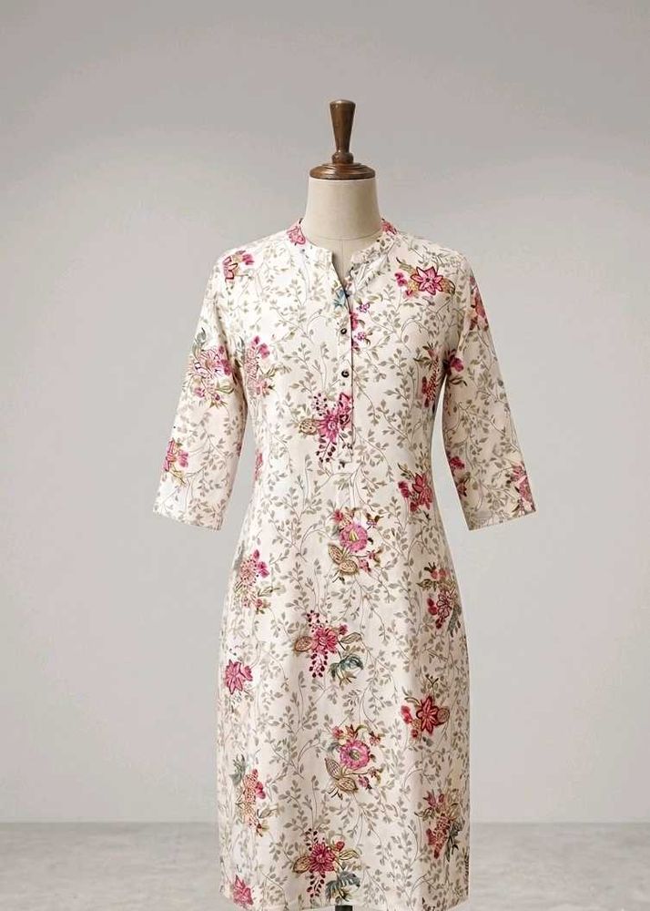 ​Elegant Floral Print Straight Kurti Dress - Off-W