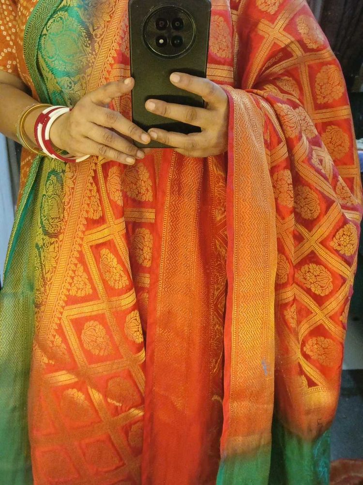 Beautiful Orange &amp; Green Silk Saree