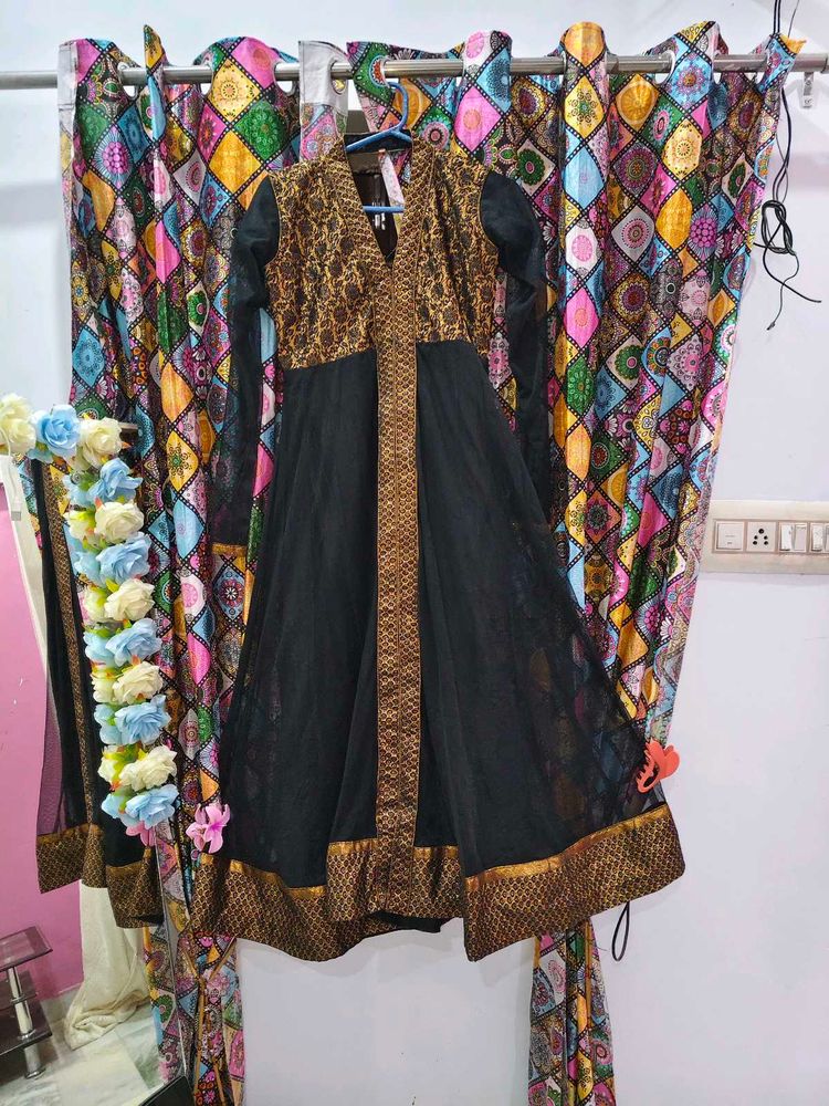 Elegant Black &amp; Gold Anarkali Gown