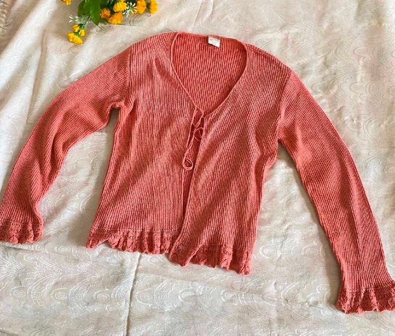 Coral Ribbed Tie-Front Cardigan