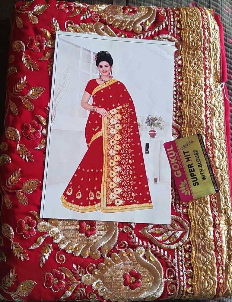 New Fancy Red Embroidered Saree with Gold Border