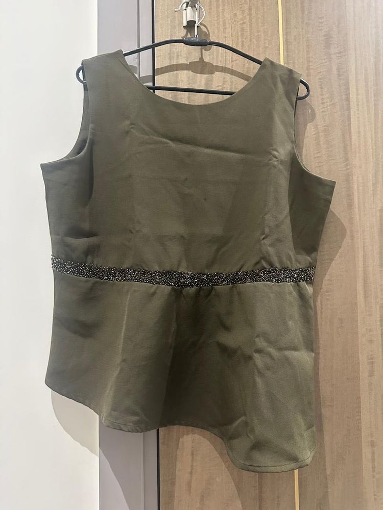 Embellished Olive Green Peplum Top