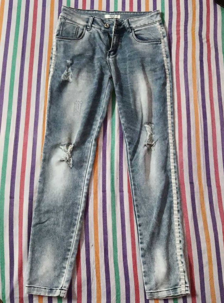 Distressed Wash Jeans with Side Stripe