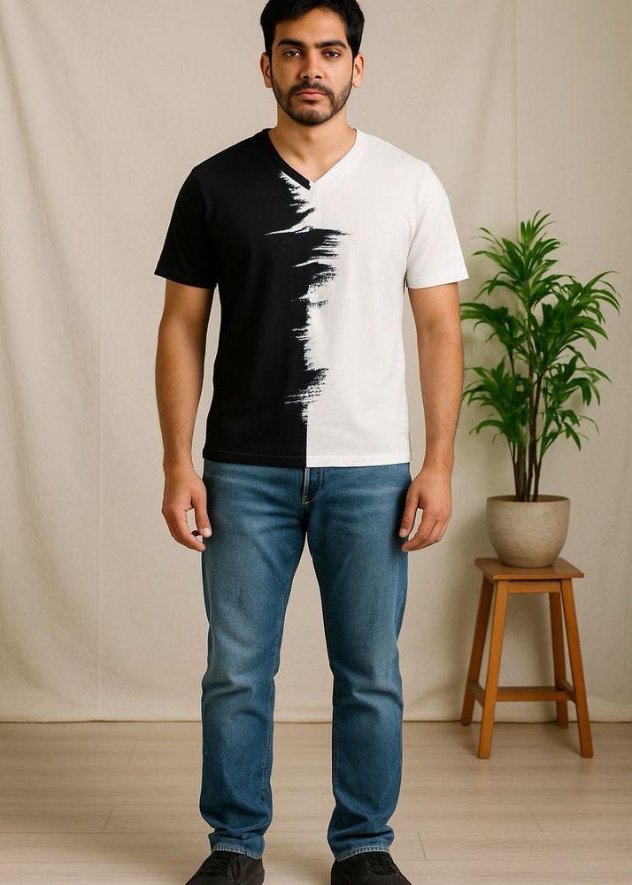 Blue &amp; White Split V-Neck Tee