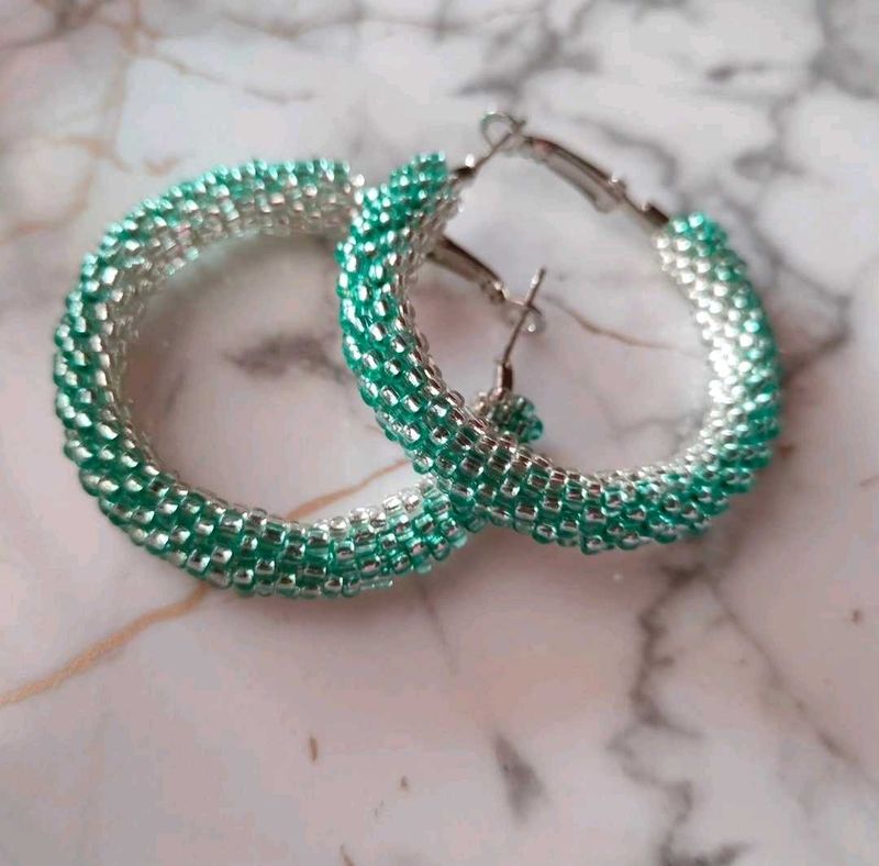 Beaded Hoop Earrings - Green &amp; Silver