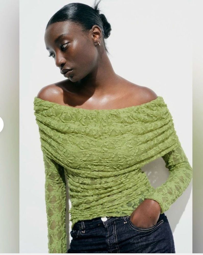 ZARA Lime Green Off-Shoulder Textured Top