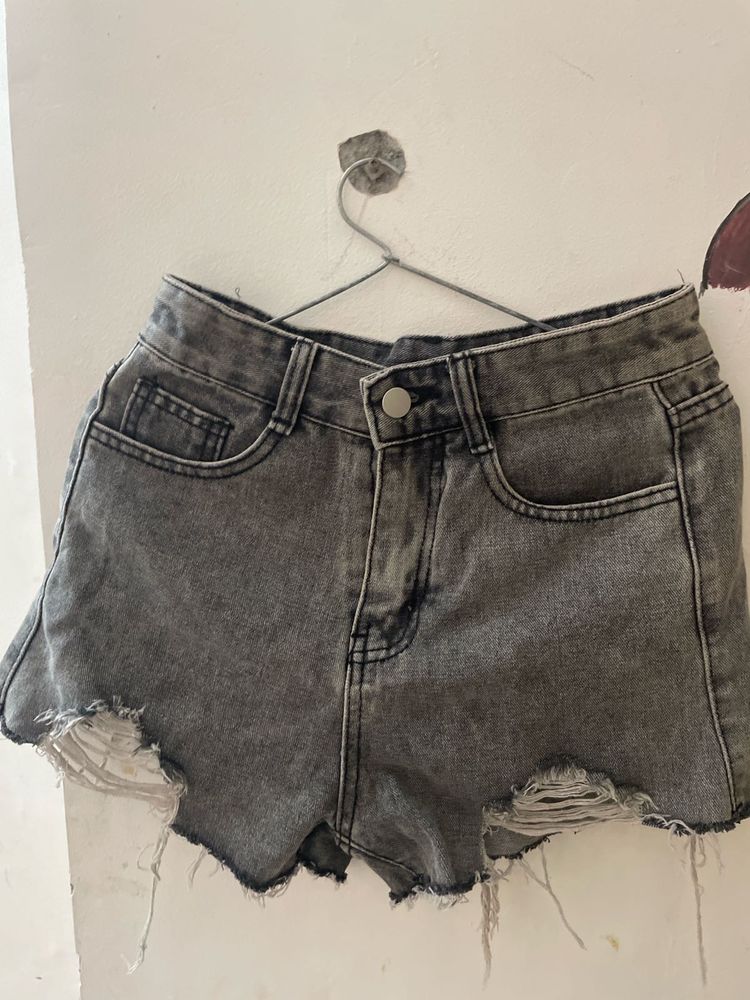 Grey Distressed Denim Shorts