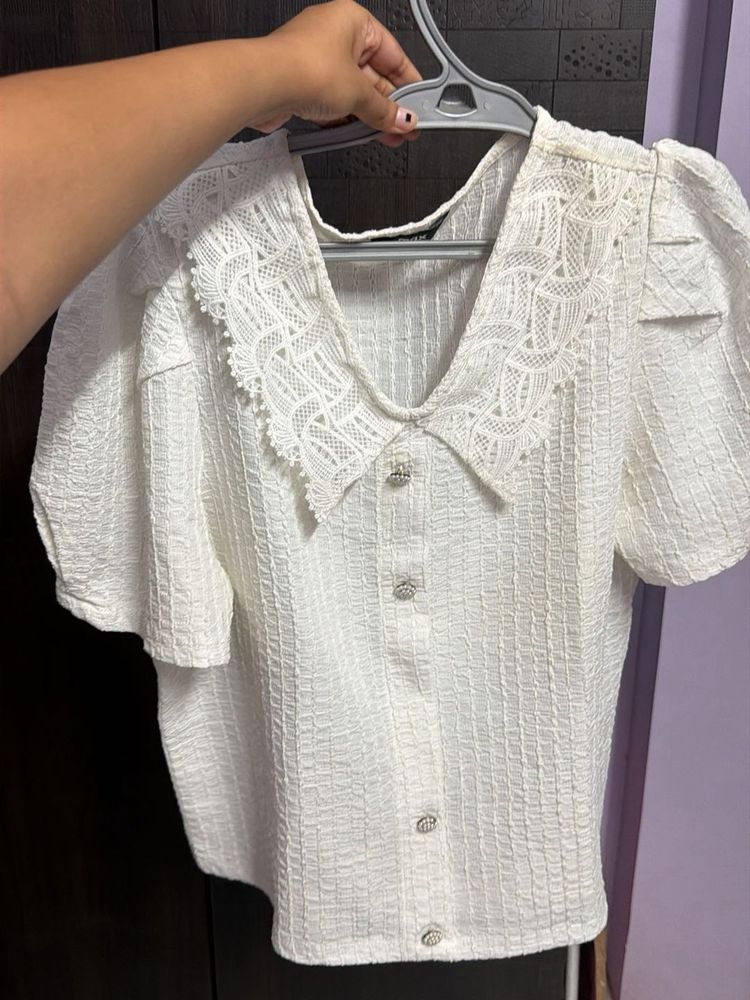 Chic White Lace Collar Puff Sleeve Top