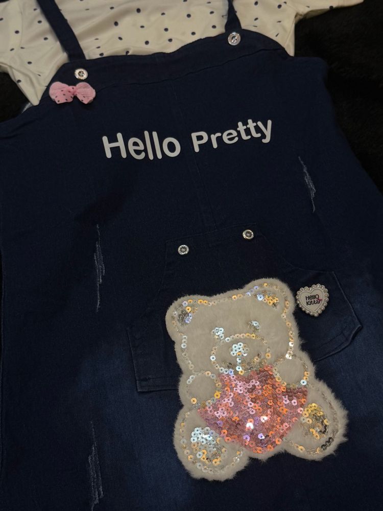 Girls Denim  Dress with Polka Dot T-Shirt