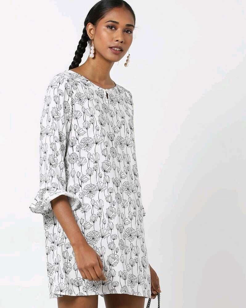 White &amp; Black Floral Printed Shift Dress | Casual
