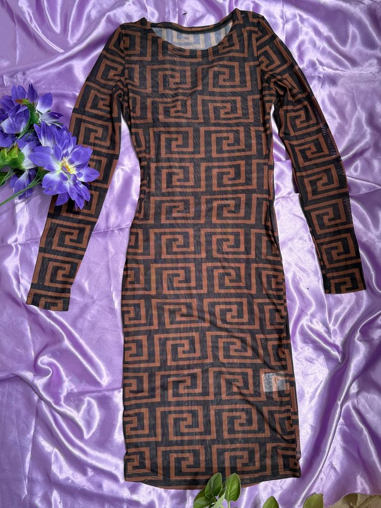 Brown Geometric Print Mesh Dress