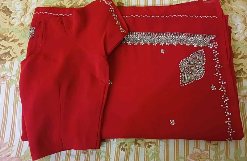 Stunning Red Embroidered Saree With Blouse