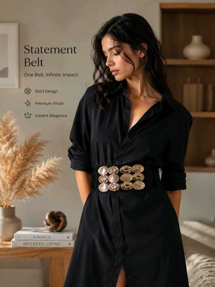 Black Elastic Belt with Gold Accents