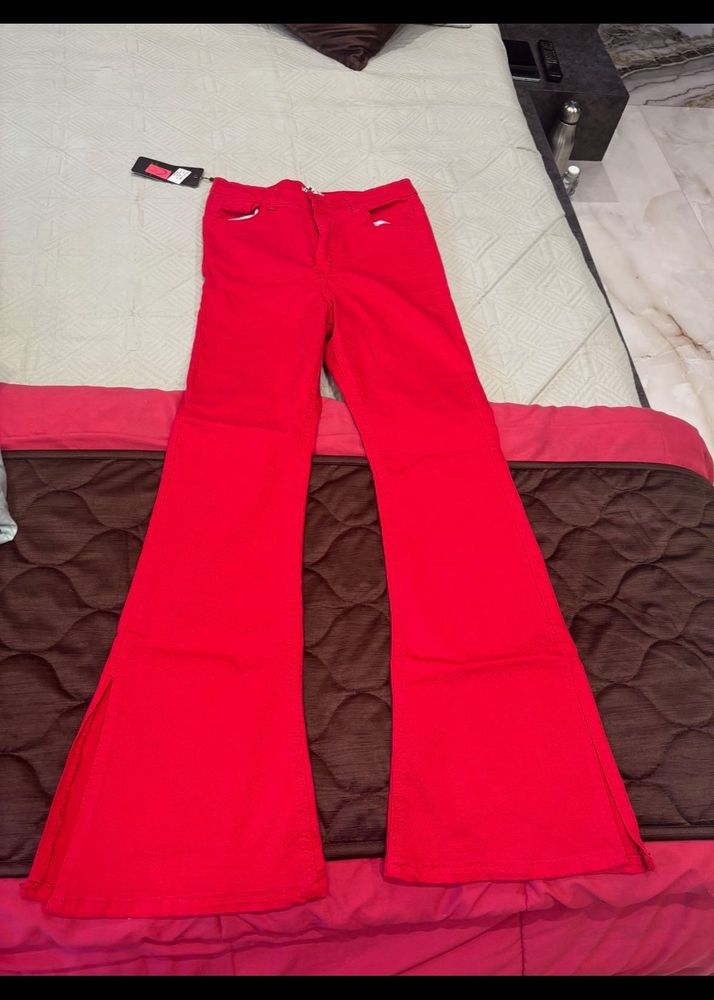 Red Flared Pants with Side Slits