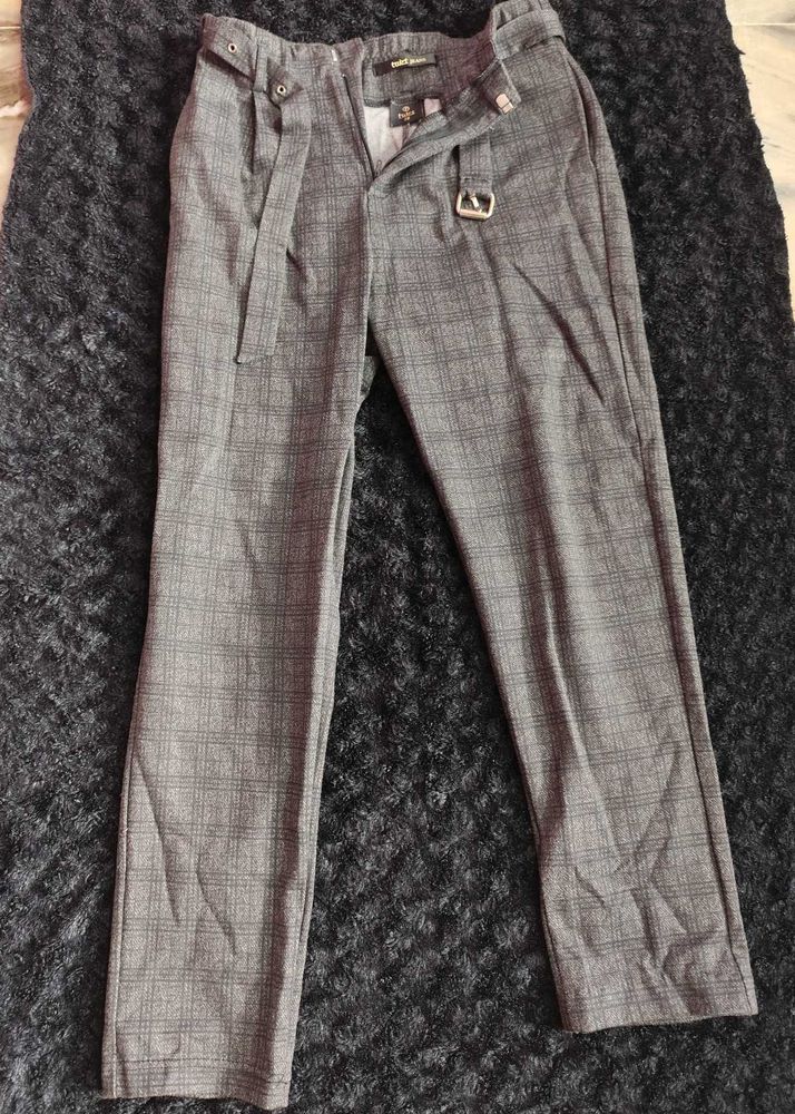 Grey Plaid Belted Trousers