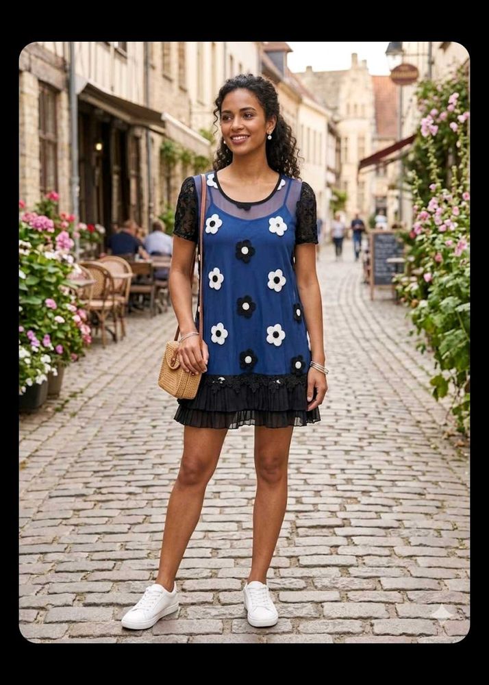 Blue Floral Mesh Dress with Black Lace Trim