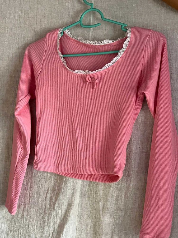 Pink Lace Trim Long Sleeve Top