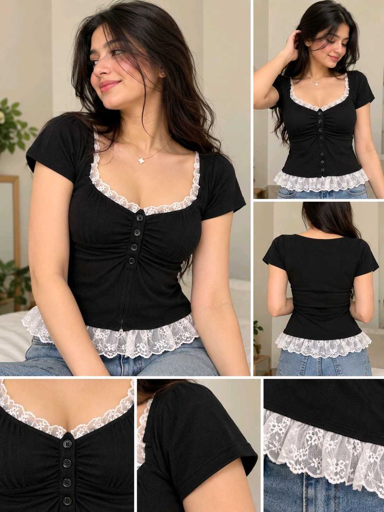 Black Lace Trimmed Cottagecore Top