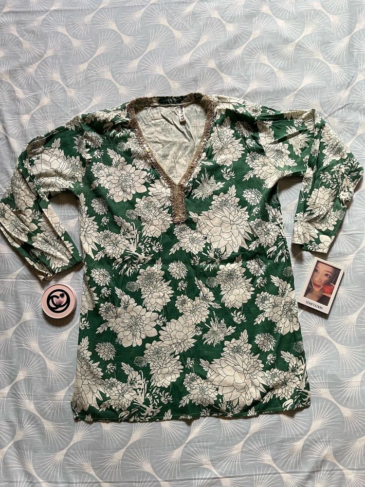 Green Floral Print Kurta