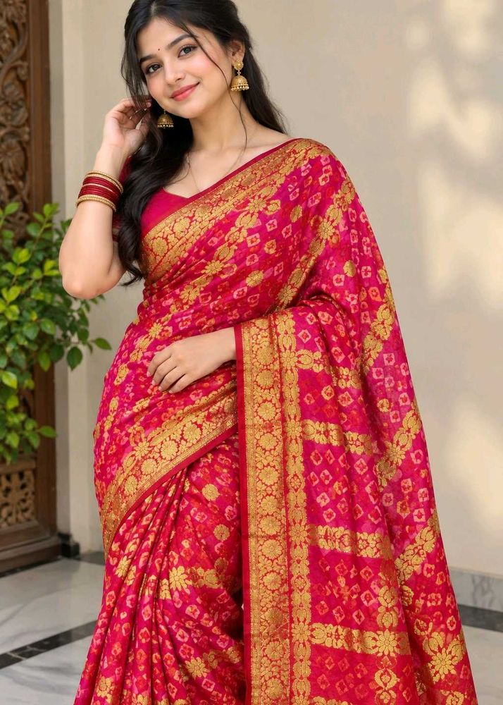 Vibrant Pink &amp; Red Bandhani Saree