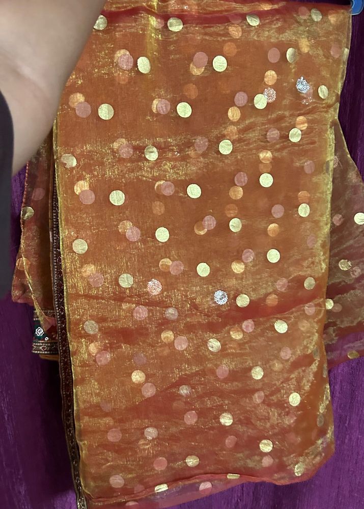 Orange Saree with Gold Polka Dots net