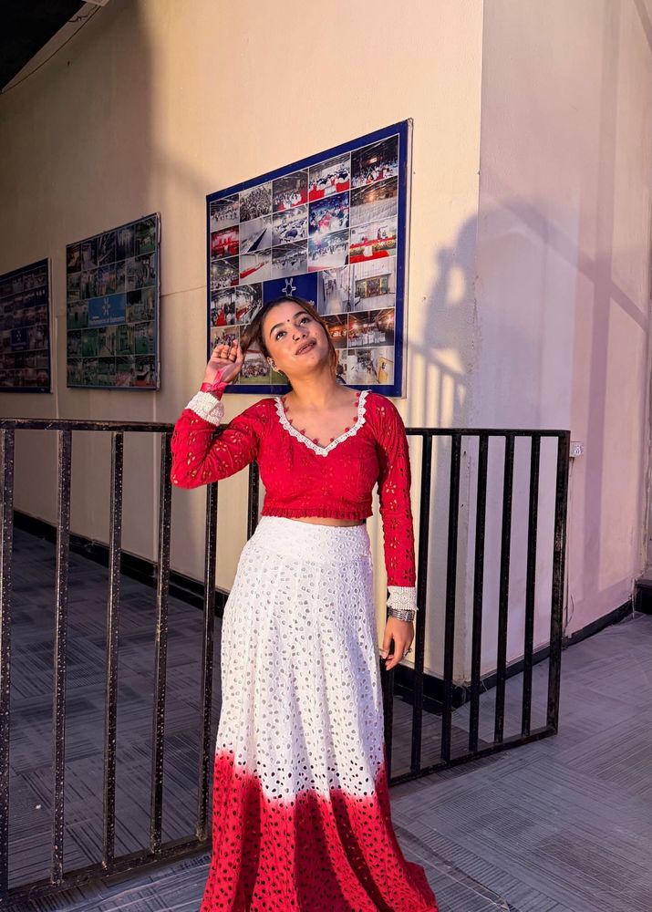 Red &amp; White Chikankari Lehenga Set