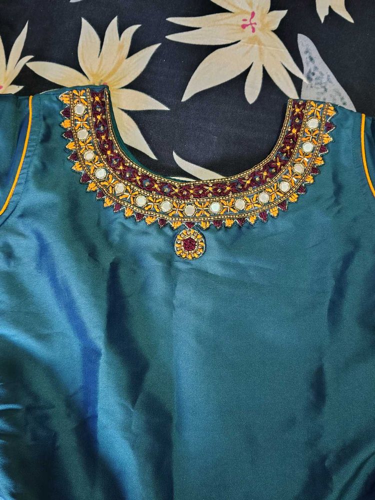 Embellished Teal Silk Blouse