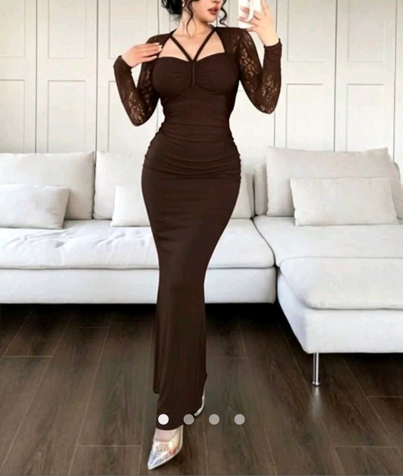 Elegant Brown Lace Sleeve Maxi Dress