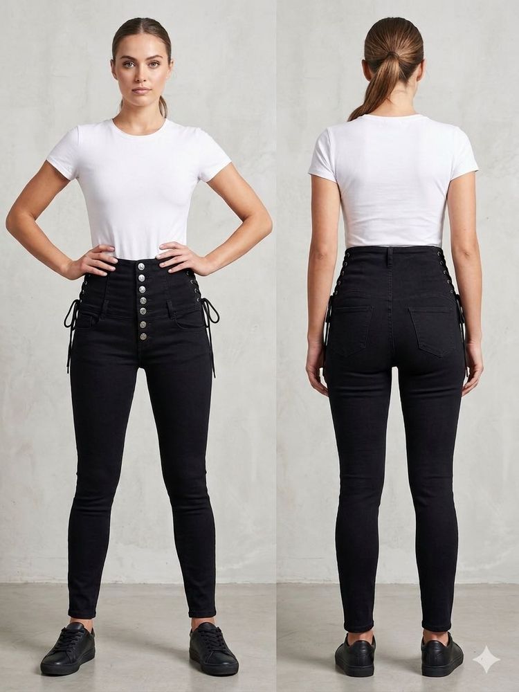 Black High-Waisted Lace-Up Jeans