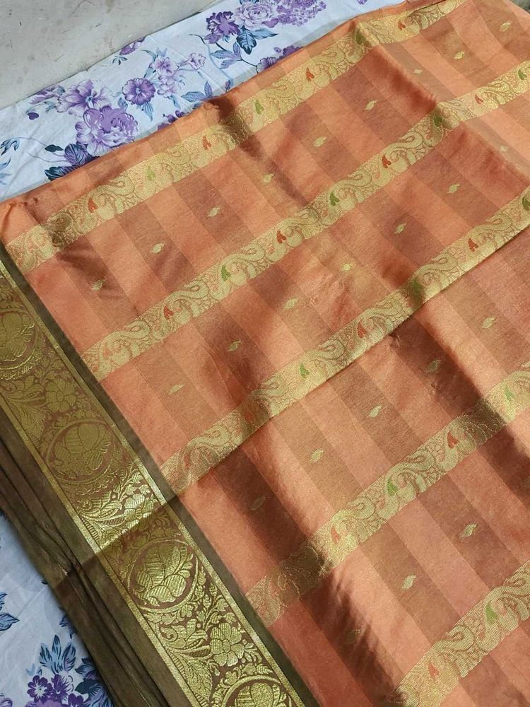 Elegant Peach Saree with Gold Border