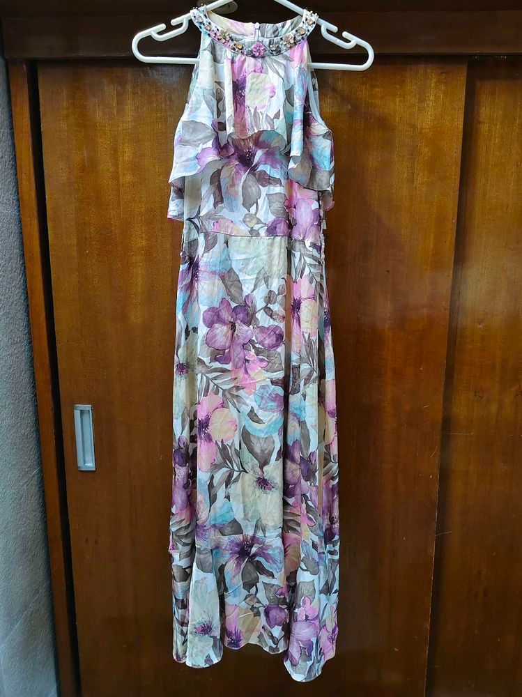 Floral Maxi Dress with Embellished Neckline