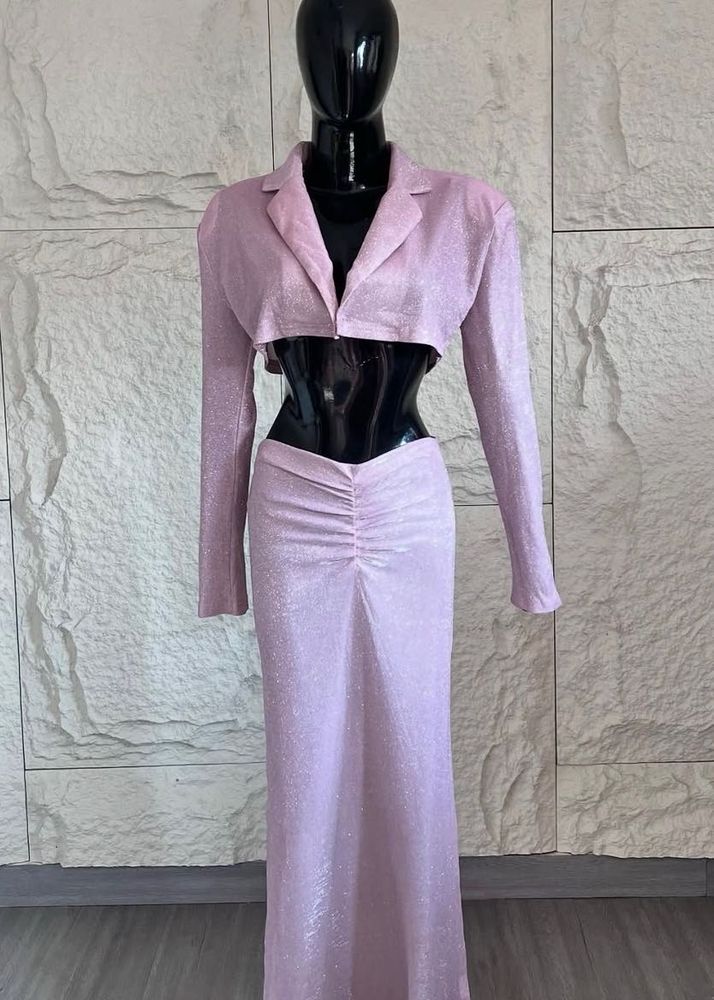 Baby pink shimmery two-piece co-ord set
