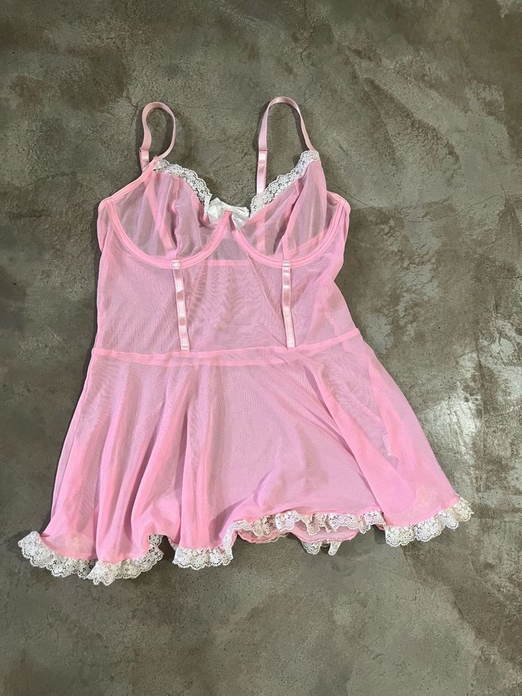 Vintage Aesthetic Pink Mesh Chemise with White Lac