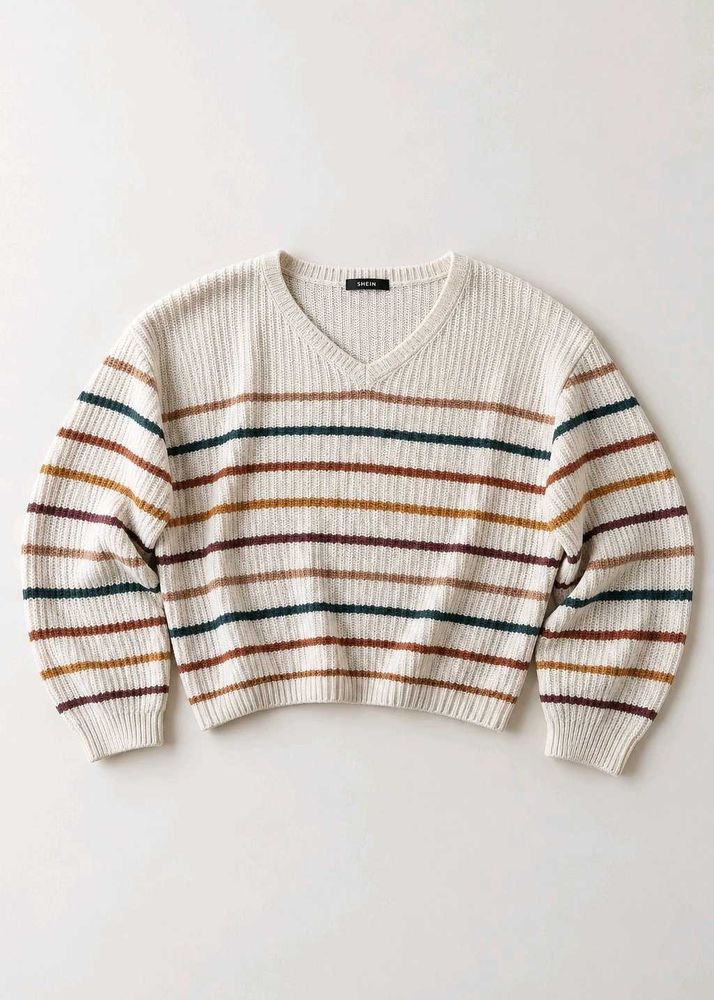 CREAM MULTI-COLOUR STRIPED V-NECK SWEATER