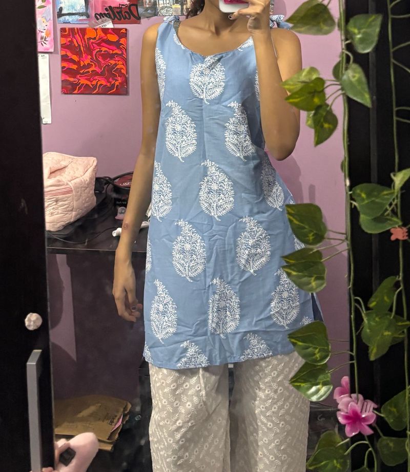 blue block print tie-strap kurti top
