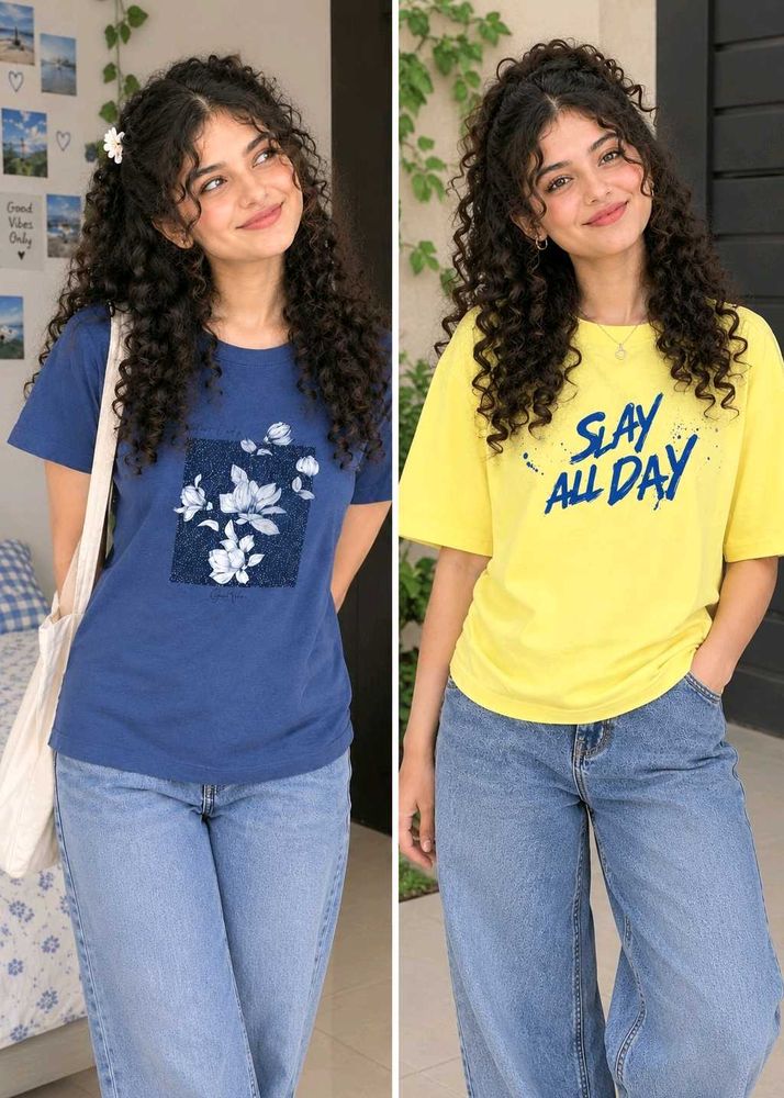 2 combo Cute Graphic &amp; Slogan T-Shirts
