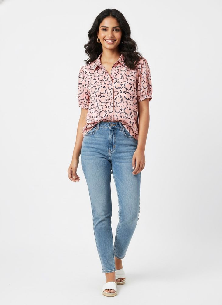 Pink Floral Short Sleeve Button-Up Blouse