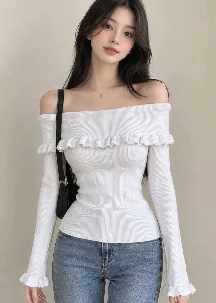 Off-Shoulder Ruffle Knit Top