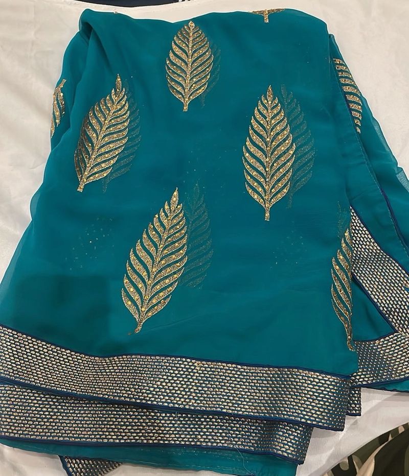 Teal &amp; Gold Leaf Saree