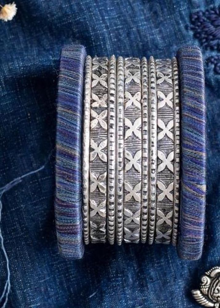Boho Ethnic Silver &amp; Blue Bangles