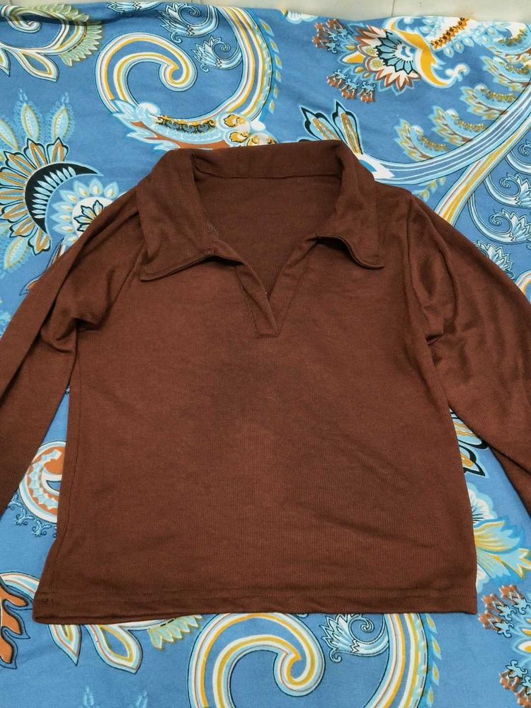 Brown Collared Long Sleeve Top
