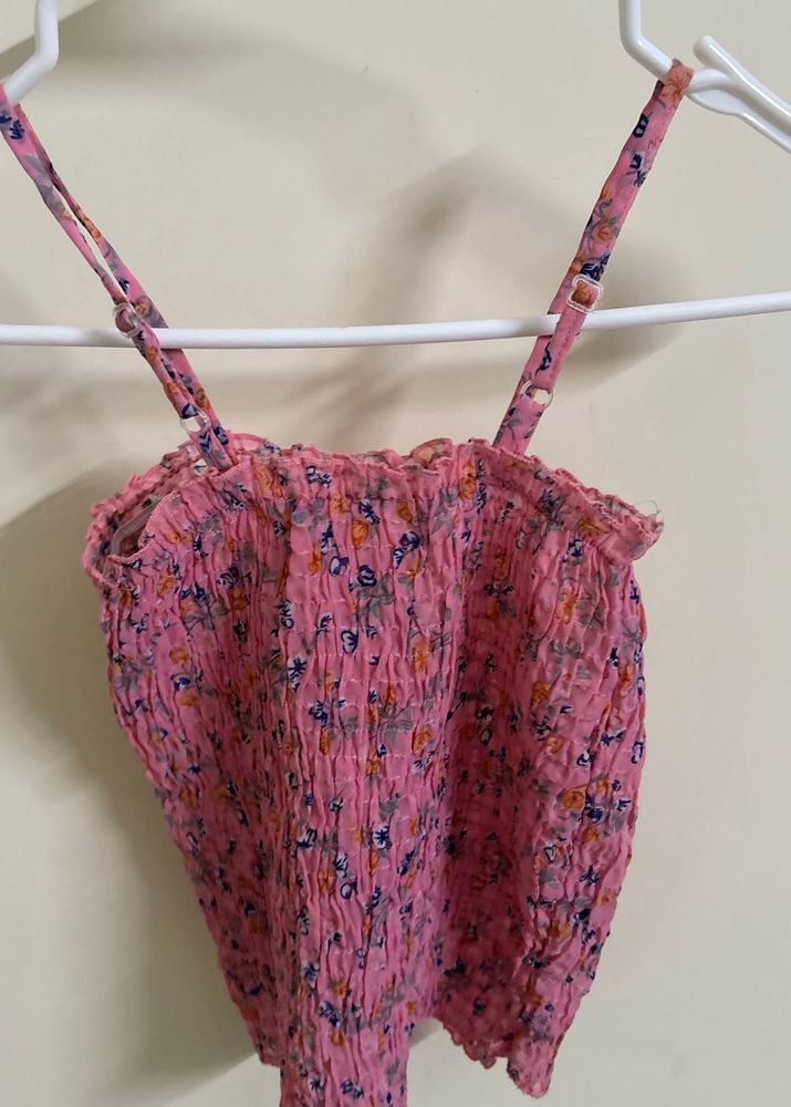 Pink Floral Smocked Crop Top